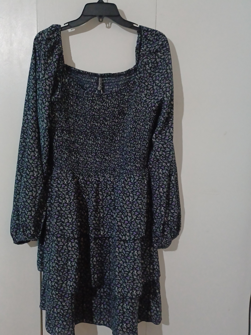 Smocked Long Sleeve Floral Dress - Black with Purple & Green